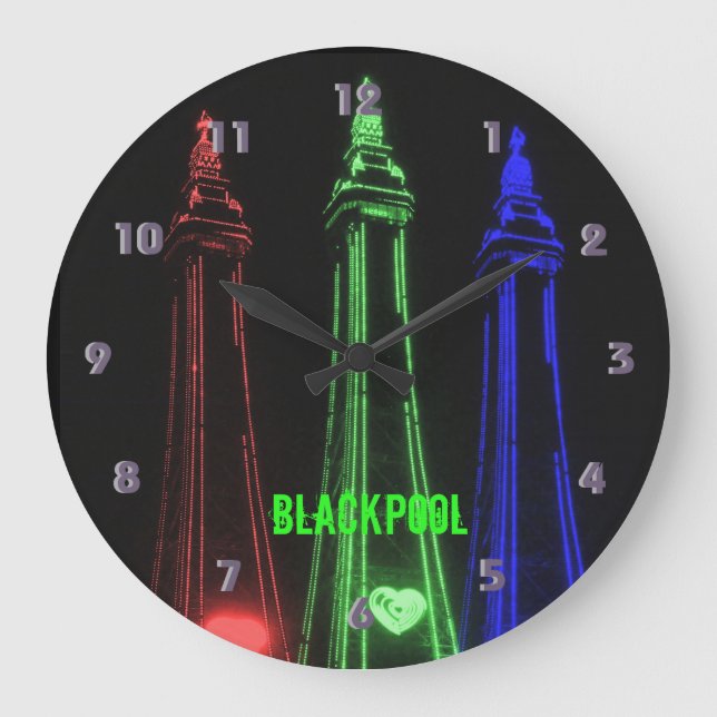 Reloj Redondo Grande Luces de Torre Hermosas Blackpool, Rojo, Verde,  (Anverso)
