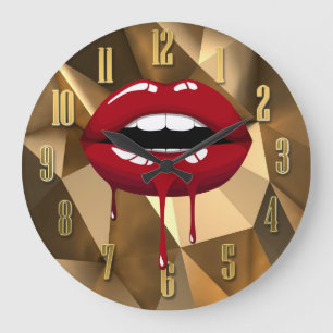 Reloj Redondo Grande Lujo Dorado Belleza Glam Rojo Goteo Labios que Got