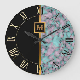 Reloj Redondo Grande Lujo Elegante Moderno Mármol Negro Dorado