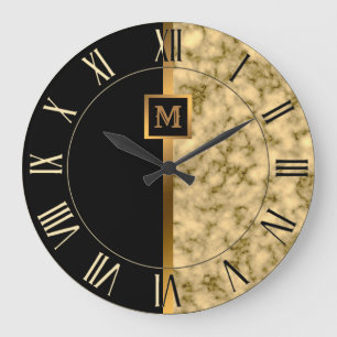 Reloj Redondo Grande Lujo Elegante Moderno Mármol Negro Dorado