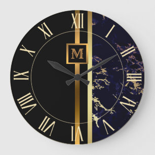 Reloj Redondo Grande Lujo Elegante Moderno Mármol Negro Dorado