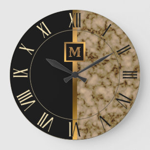 Reloj Redondo Grande Lujo Elegante Moderno Mármol Negro Dorado