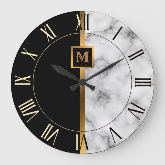 Reloj Redondo Grande Lujo Elegante Moderno Mármol Negro Oro (Anverso)