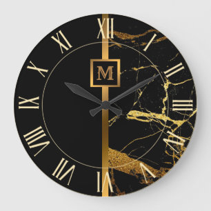 Reloj Redondo Grande Lujo Elegante Moderno Mármol Negro Oro