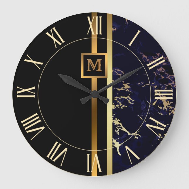 Reloj Redondo Grande Lujo Elegante Moderno Mármol Negro Oro (Anverso)