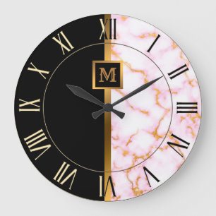 Reloj Redondo Grande Lujo Elegante Moderno Mármol Negro Oro