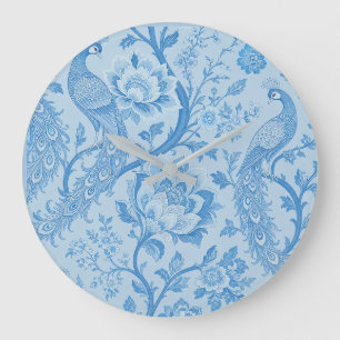 Reloj Redondo Grande Lujo Persa Pálido Patrón Azul Pavo Real