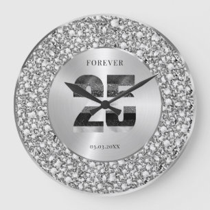Reloj Redondo Grande Lujo Plata 25 Aniversario Brillo Negro y Gris
