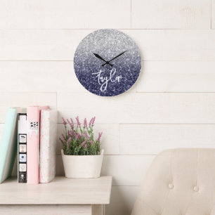 Reloj Redondo Grande Lujoso brillo plateado ombre naval