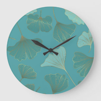 Reloj Redondo Grande Lujoso Ginkgo de oro, papel pintado.