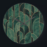 Reloj Redondo Grande Lujoso patrón Art Deco Verde y Oro<br><div class="desc">Lujoso patrón Art Deco Verde y Oro</div>