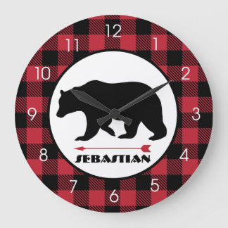 Reloj Redondo Grande Lumberjack Black Bear Buffalo Plaid Hunter Tema