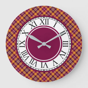 Reloj Redondo Grande Luminoso Naranja y maroon Sporty Plaid