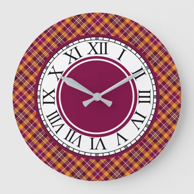 Reloj Redondo Grande Luminoso Naranja y maroon Sporty Plaid (Anverso)