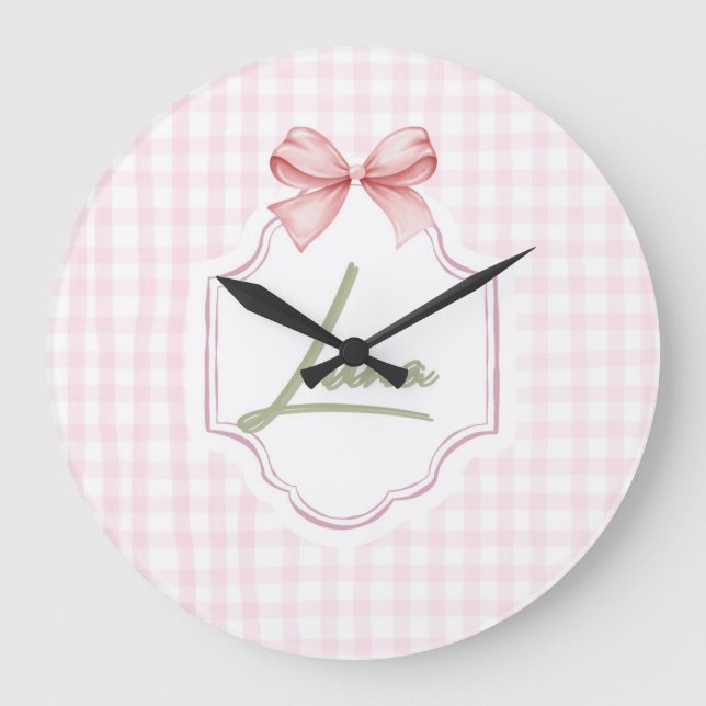 Reloj Redondo Grande Luna Baby Nursery Bow & Gingham Personalizado (Anverso)