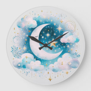 Reloj Redondo Grande Luna Creciente Azul y Blanco Celestial Boho Modern