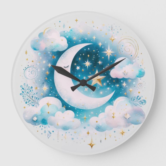 Reloj Redondo Grande Luna Creciente Azul y Blanco Celestial Boho Modern (Anverso)