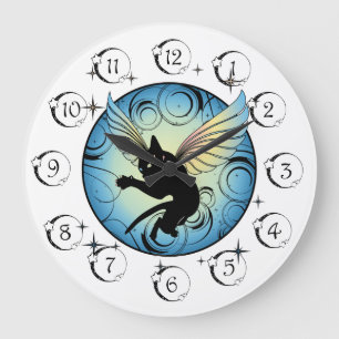 Reloj Redondo Grande Luna de gato cósmico y estrellas
