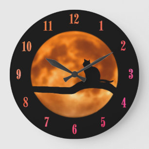 Reloj Redondo Grande Luna de Naranja de gato negro