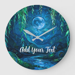 Reloj Redondo Grande Luna de Sauce Río Fluyente Azul Verde