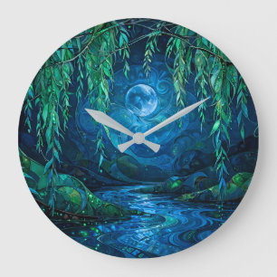 Reloj Redondo Grande Luna de Sauce Sauce Fluyendo Río Verde Azul Noche