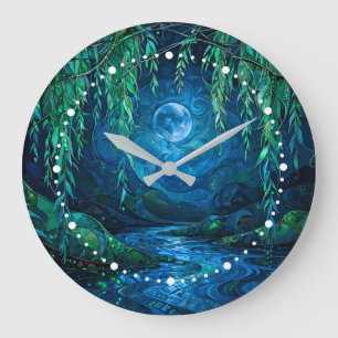 Reloj Redondo Grande Luna de Sauce Sauce Fluyendo Río Verde Azul Noche