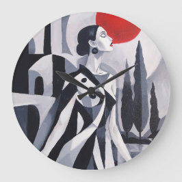 Reloj Redondo Grande Luna Escarlata: Mujer Estilizada en Paisaje Monocr