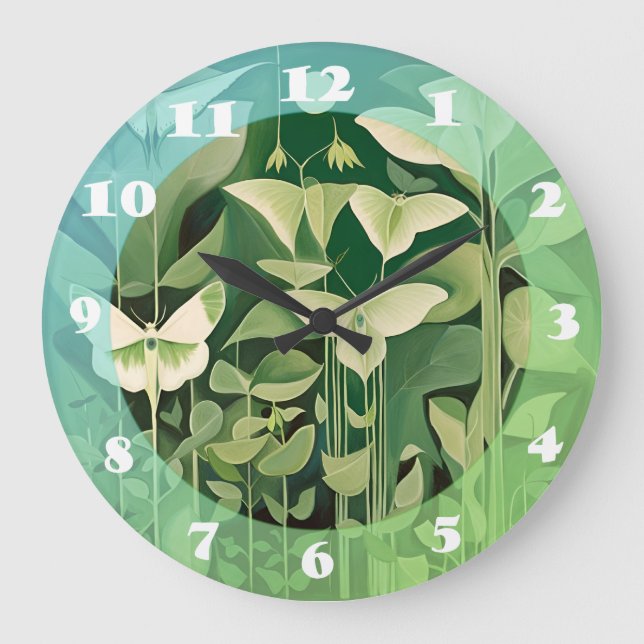 Reloj Redondo Grande Luna Moth y flores - Verde y Crema (Anverso)