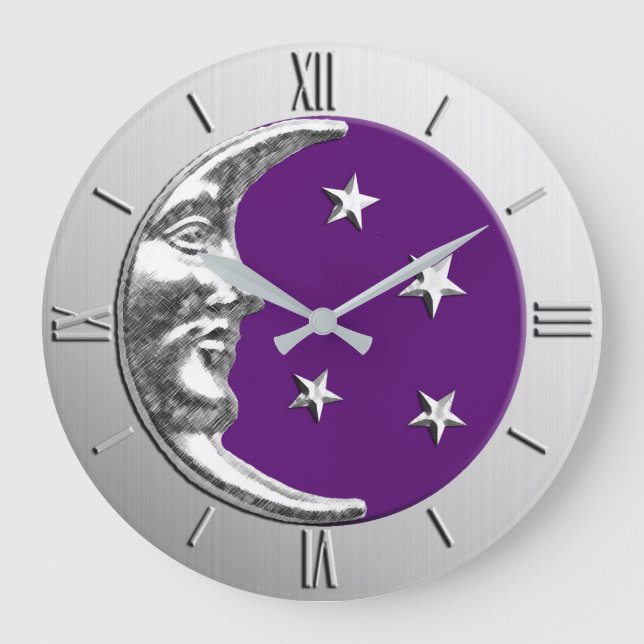Reloj Redondo Grande Luna y Estrellas Art Deco - Amethyst Purple & Silv (Anverso)