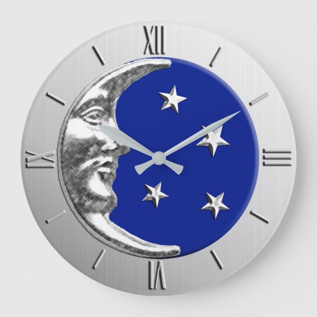 Reloj Redondo Grande Luna y estrellas Art Deco - Azul cobalto y Plata (Anverso)