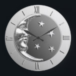Reloj Redondo Grande Luna y estrellas Art Deco - Gris y plata<br><div class="desc">Reloj clásico de diseño Art Deco luna y estrellas en plata cepillada con fondo de piedra hematizada / esmalte gris</div>