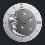Reloj Redondo Grande Luna y estrellas Art Deco - Gris y plata<br><div class="desc">Reloj clásico de diseño Art Deco luna y estrellas en plata cepillada con fondo de piedra hematizada / esmalte gris</div>