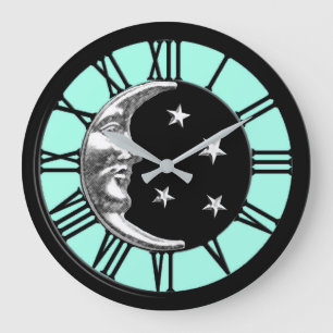 Reloj Redondo Grande Luna y estrellas Art Deco - Negro, Aqua y Plata