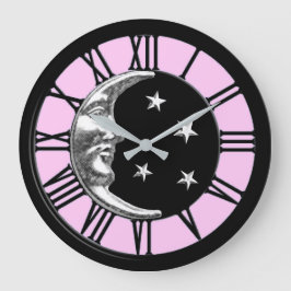 Reloj Redondo Grande Luna y estrellas Art Deco - Negro, rosa y plateado