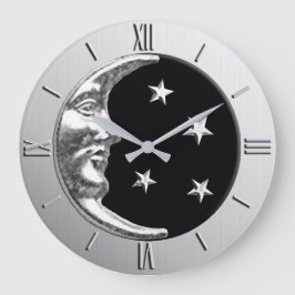Reloj Redondo Grande Luna y estrellas Art Deco - Negro y Plata