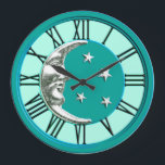 Reloj Redondo Grande Luna y estrellas Art Deco - Turquesa y Plata<br><div class="desc">Luna clásica Art Deco y diseño de estrellas en plata cepillada sobre el aspecto de esmalte,  turquesa / pavo real con fondo turquesa claro</div>