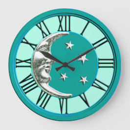 Reloj Redondo Grande Luna y estrellas Art Deco - Turquesa y Plata