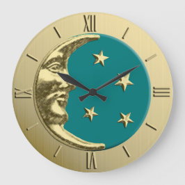 Reloj Redondo Grande Luna y estrellas Art Deco - Verde azulado y dorado