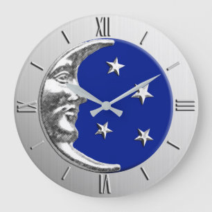 Reloj Redondo Grande Luna y estrellas del art déco - azul y plata de