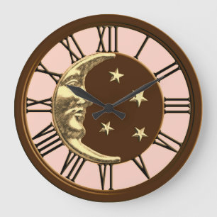 Reloj Redondo Grande Luna y estrellas - melocotón, Brown y oro del art