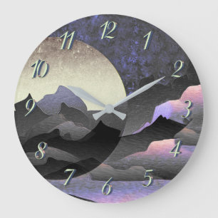 Reloj Redondo Grande Luna y montañas caprichosas arte abstracto