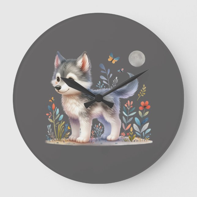 Reloj Redondo Grande Lunar Cub - Baby Wolf Wall Clock (Anverso)