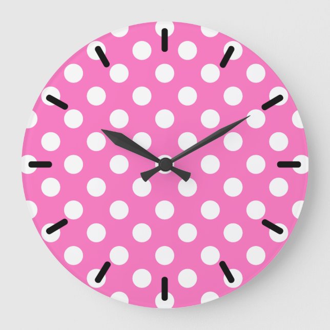 Reloj Redondo Grande Lunares blancos sobre rosa (Anverso)