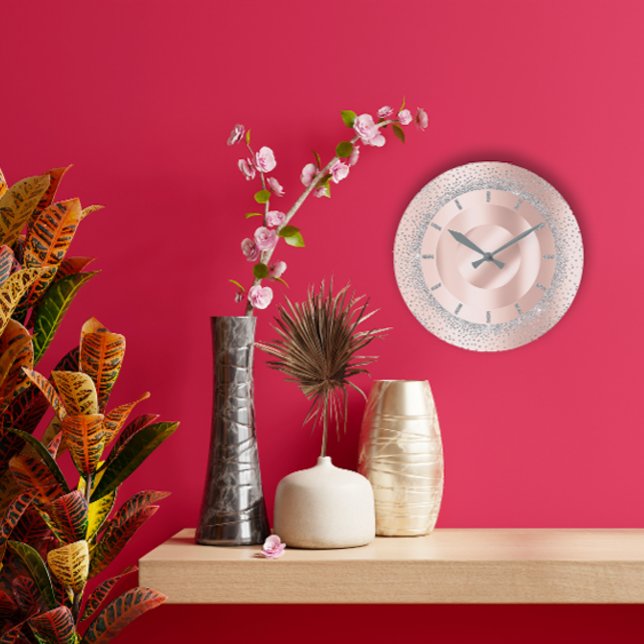 Reloj Redondo Grande Lux metalizado de la belleza de Rubor del oro (Glitter Grey Rose Gold Metal Blush Beauty Lux Large Clock)