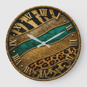 Reloj Redondo Grande Luxury Emerald & Gold Safari Leopard Zebra Glitter