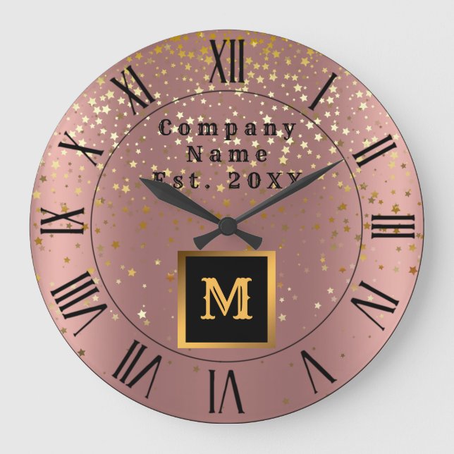 Reloj Redondo Grande Luxury Glitter Gold Pink Stars Monogrammed (Anverso)
