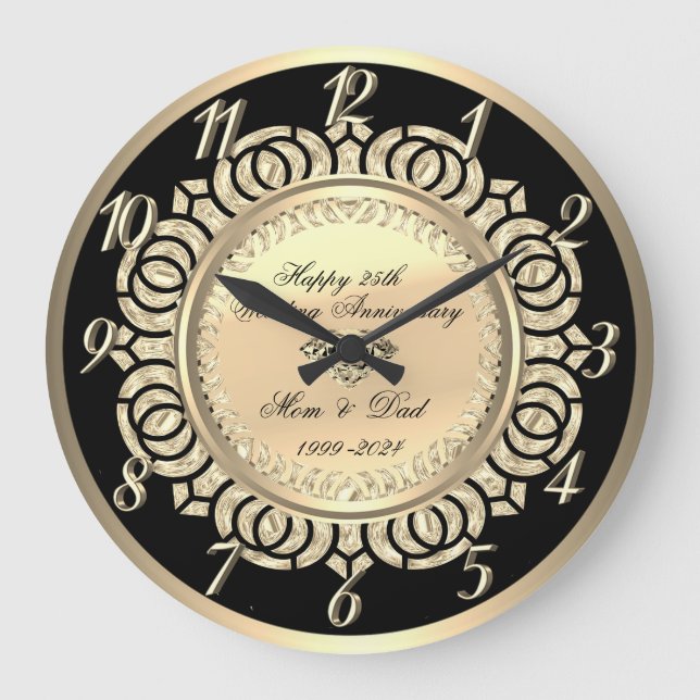 Reloj Redondo Grande Luxury Gold Swirls Black 25th Boda Aniversario (Anverso)