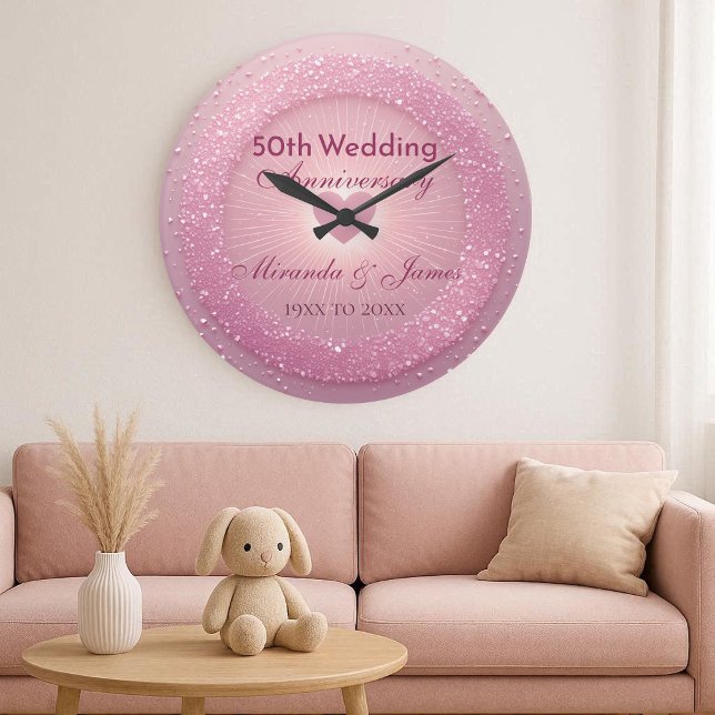 Reloj Redondo Grande Luxury Pink Glitter Heart 50th Wedding Anniversary (Luxury Pink Glitter Heart 50th Wedding Anniversary Large Clock)