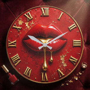 Reloj Redondo Grande Luxury Red Lips Modern Glam Home Decor