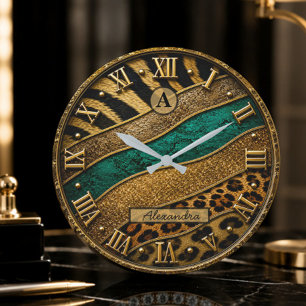 Reloj Redondo Grande Luxury Safari Leopard Zebra Glitter Custom Name